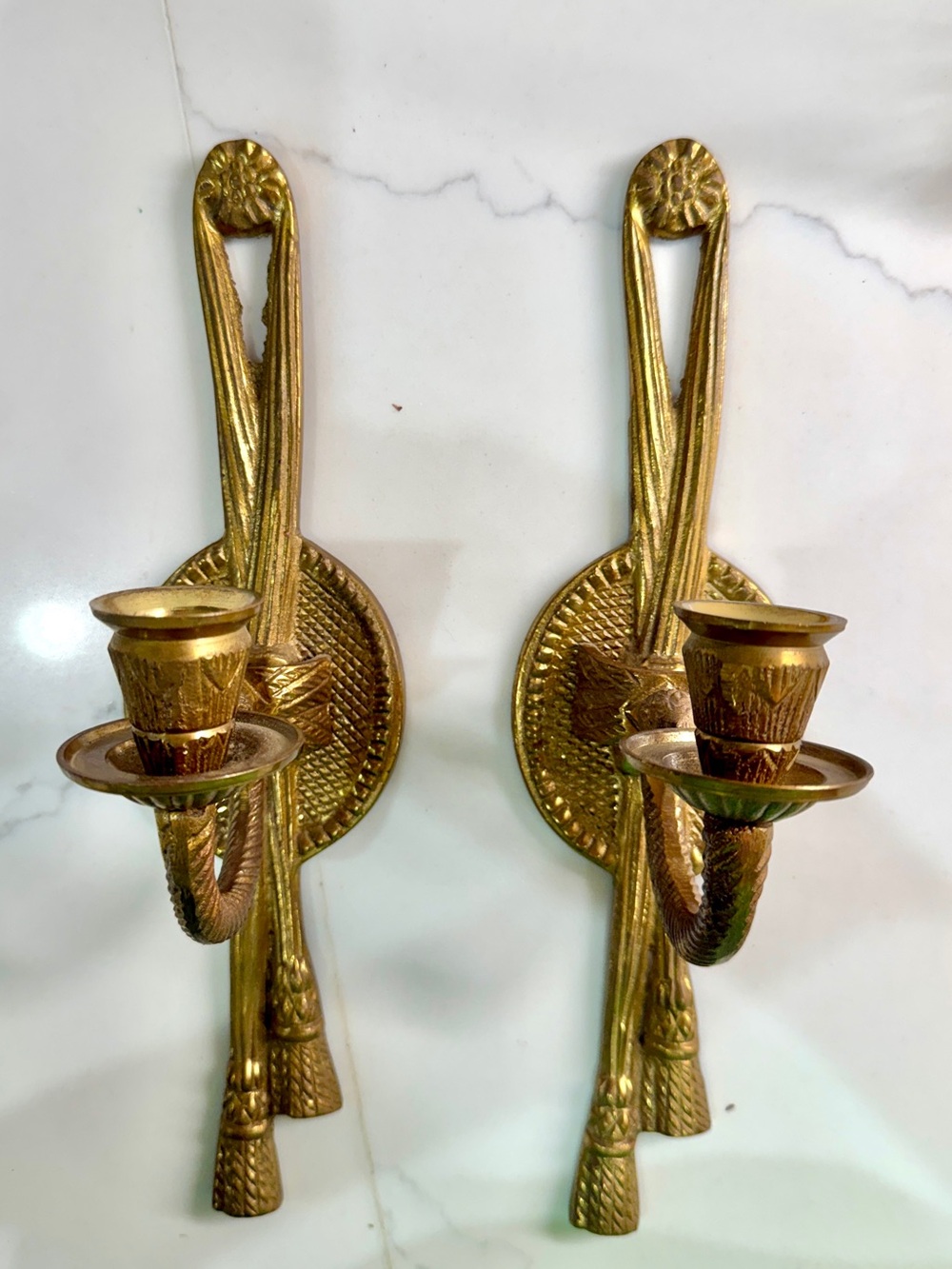 Vintage Brass Pair of Candle Holder Wall Sconces-H 11.5inches with glass pegs